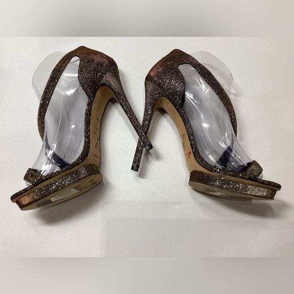 Brian Atwood Consort Iridescent Glitter Stiletto Heel Sandals Bronze Size 9 - Picture 3 of 11